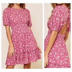 Mauve pink daisy floral smocked waist open back ruffle hem dress puff sleeve